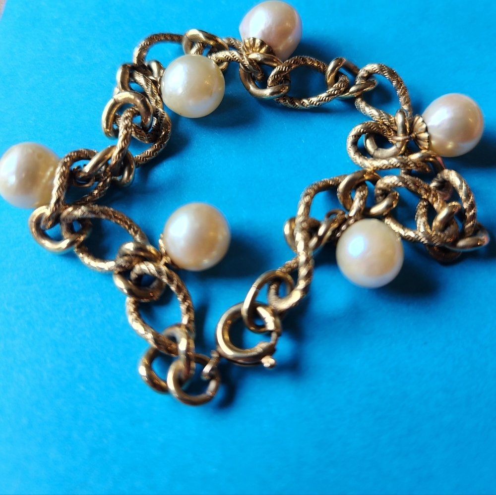 Vintage Gold Filled Pearl Charm Bracelet